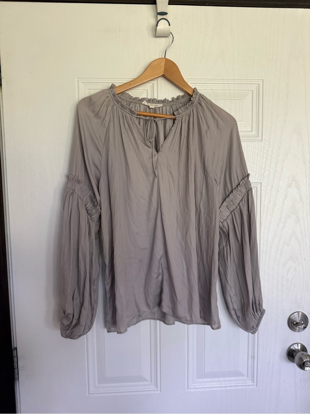 2 for $30 sale: Grade & Gather gray/taupe balloon poet sleeve blouse ruffle trim